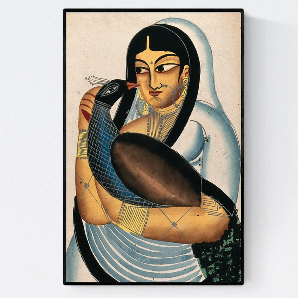 1800s Kalighat painting of "A Courtesan Carrying A Peacock"